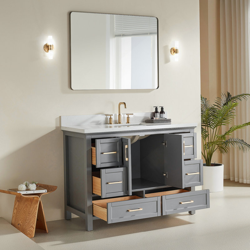 Meuble-lavabo autoportant entièrement assemblé avec plusieurs ensembles de poignées, offrant polyvalence et commodité pour votre décor de salle de bain