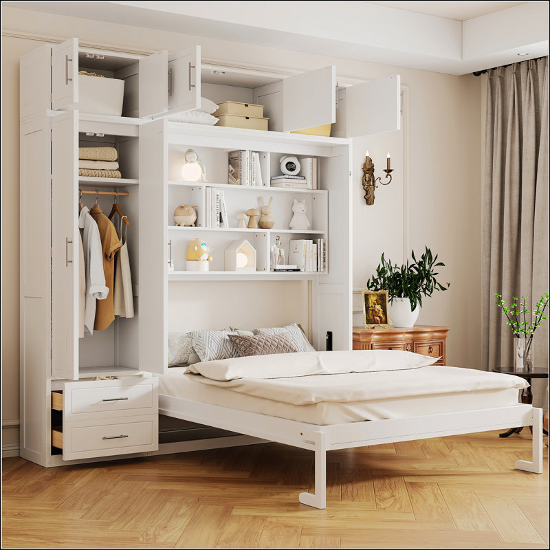 Grand lit escamotable mural avec armoire supérieure, tablettes et garde-robe pour une efficacité et un rangement optimaux, blanc