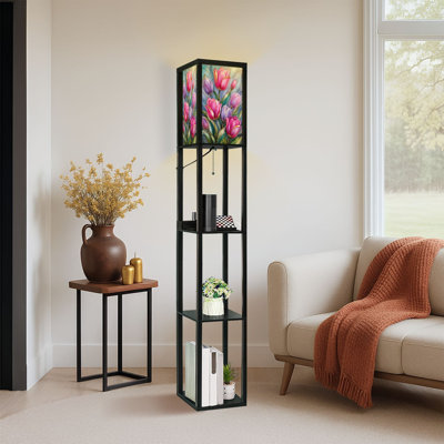 Dimmable LED Standing Floor Lamp Elegant Pink Purple Tulip Floral Gold Accents Flowers, MDF Frame Floor Lamp with Remote Control, 3 Color Light, for Living Room Bedroom