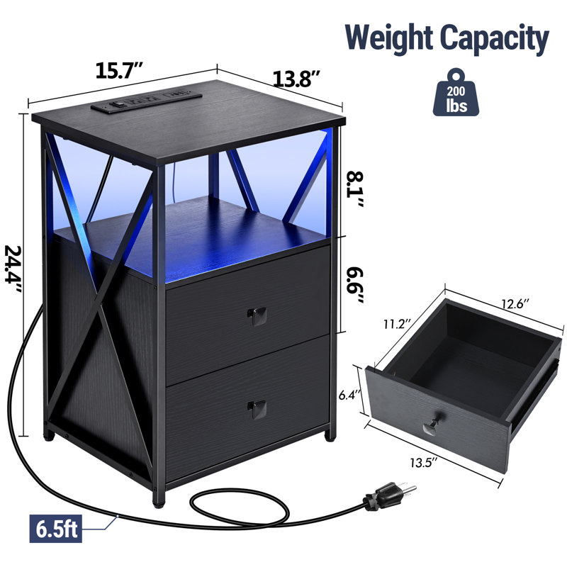 LED Nightstand, Night Stand with Charging Station, End Table, Black