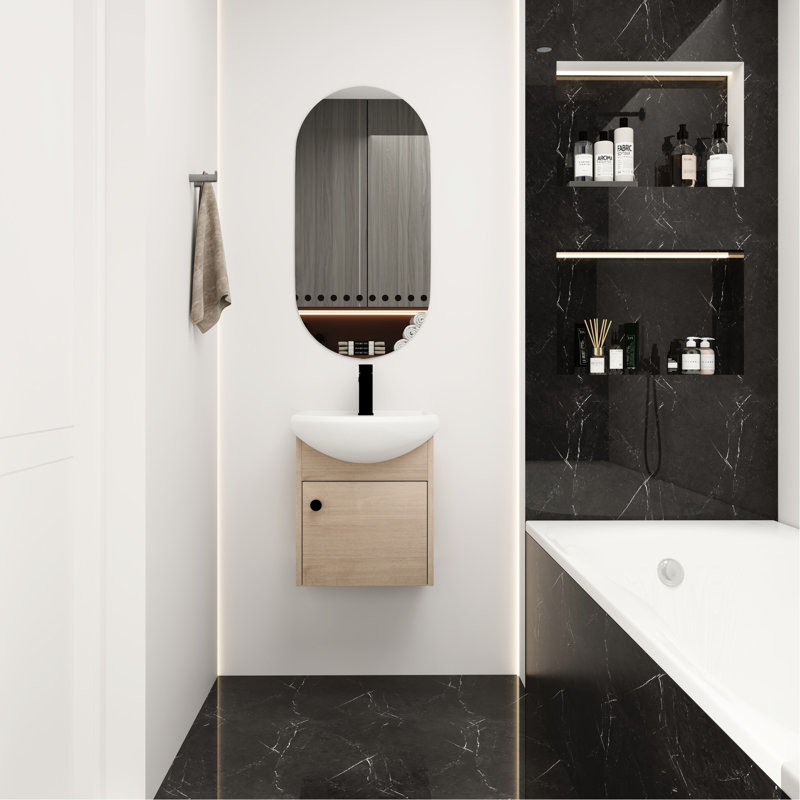 Armoire de salle de bain avec lavabo en céramique de 18 pouces. Fixation murale. Contreplaqué. Finition chêne. Évier contemporain et fonctionnel. Unité. Fabrication. Couleur. Conception élégante et pratique