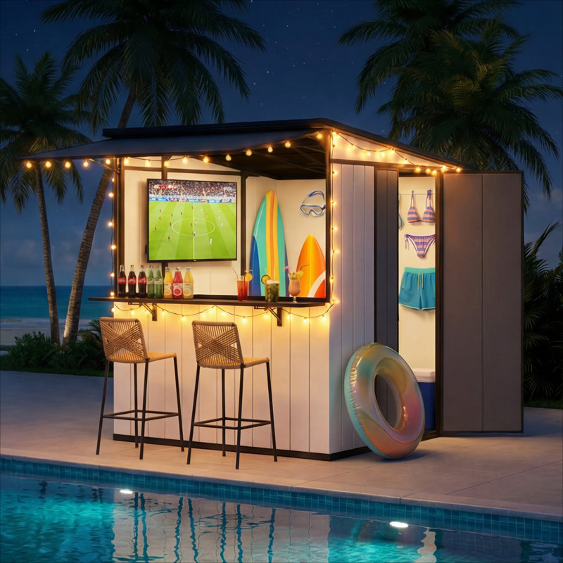 7x6 Ft Outdoor Storage Shed With Foldable Bar Counter & Hydraulic Support Overhang, Backyard Bar Cabana,  Weather-Resistant Shed With Lockable Door For Patio & Lawn,Lean-To Entertainment Shed, Gray