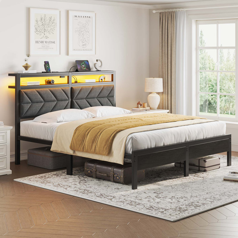 Full Bed Frame with Headboard, Upholstered Bed with Storage Shelves and Charging Station, Full, Gray, No Drawers