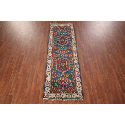 Blue Geometric Traditional Oriental Runner Rug 3x8