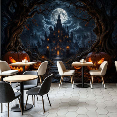 Peel and Stick Wallpaper Wall Mural Haunted Gothic Castle O Lanterns Under Full Moon Halloween Night Wall Art Self Adhesive and Removable