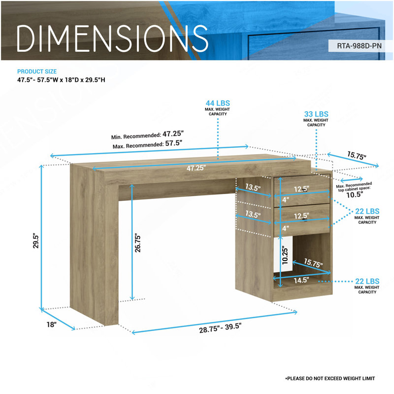 Techni Mobili Expandable Home Office Desk, Pine, Light Brown