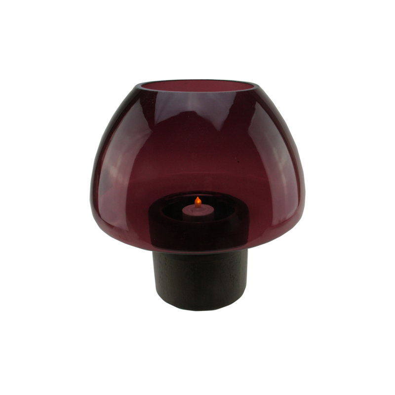 9.75" Transparent Glass Pillar Candle Holder with Wooden Base, Transparent Purple
