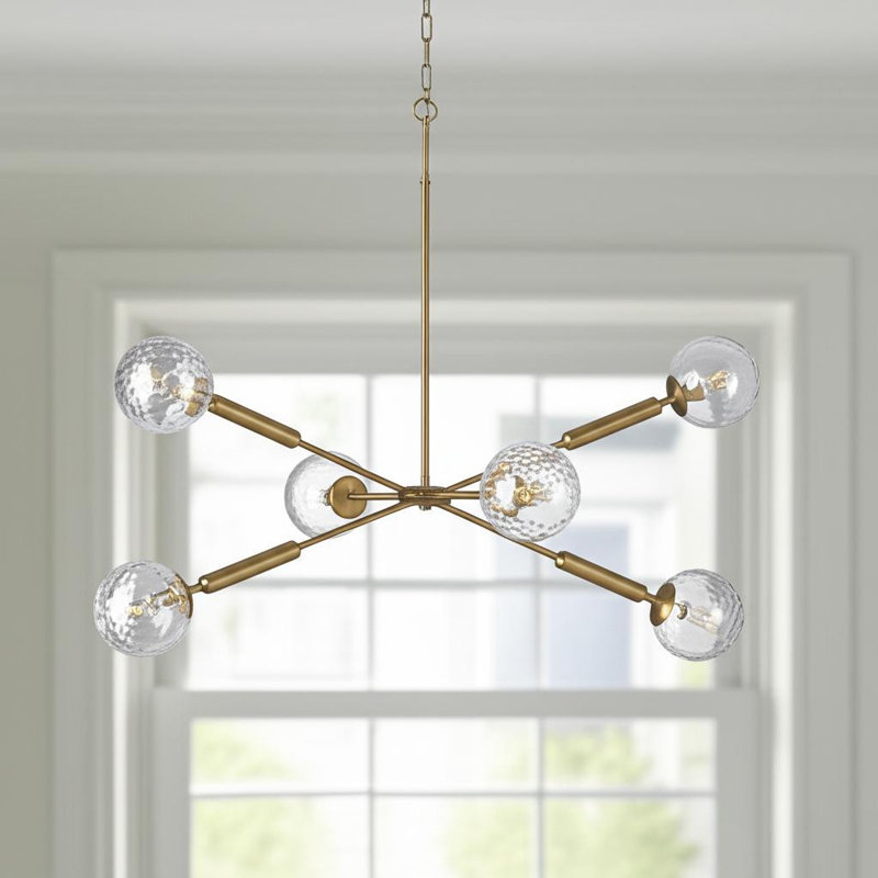 Lustre à intensité variable en métal et en verre à six lumières dorées avec abat-jour transparent Spoutnik