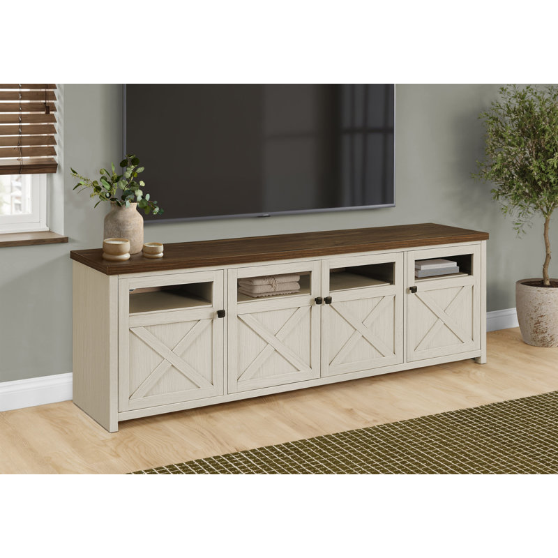 Meuble télé console de 72 pouces, stratifié chêne blanchi et noyer foncé, style transitionnel