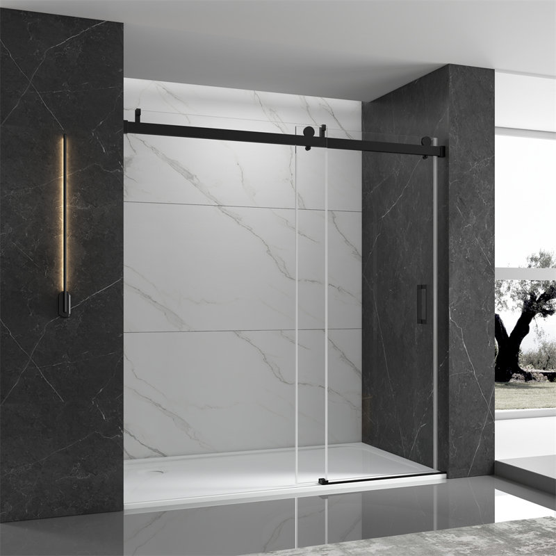Porte de douche coulissante simple sans cadre de 69 à 72 po x H 76 po avec système de fermeture en douceur, brossé, Noir mat