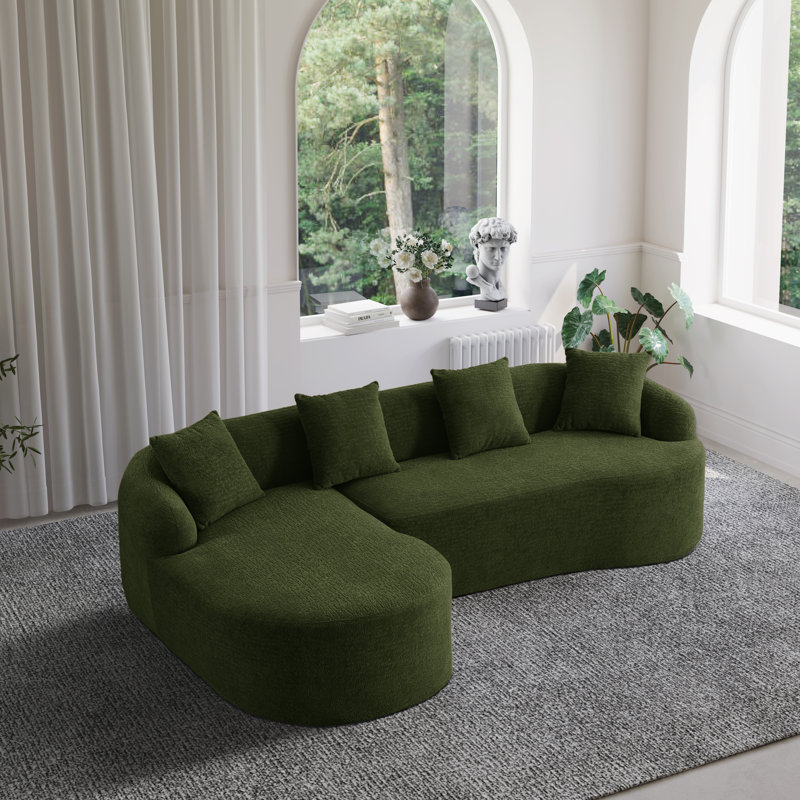 Canapé modulaire en forme de L 2 pièces avec design incurvé et méridienne Boneless, Chenille verte