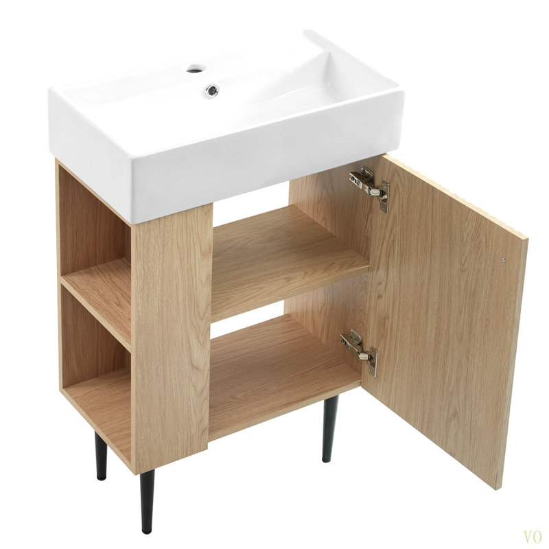 Meuble-lavabo en bois 21,6 po, armoire combinée, meuble de rangement pour salle de bain, lavabo simple en céramique, rangement à gauche