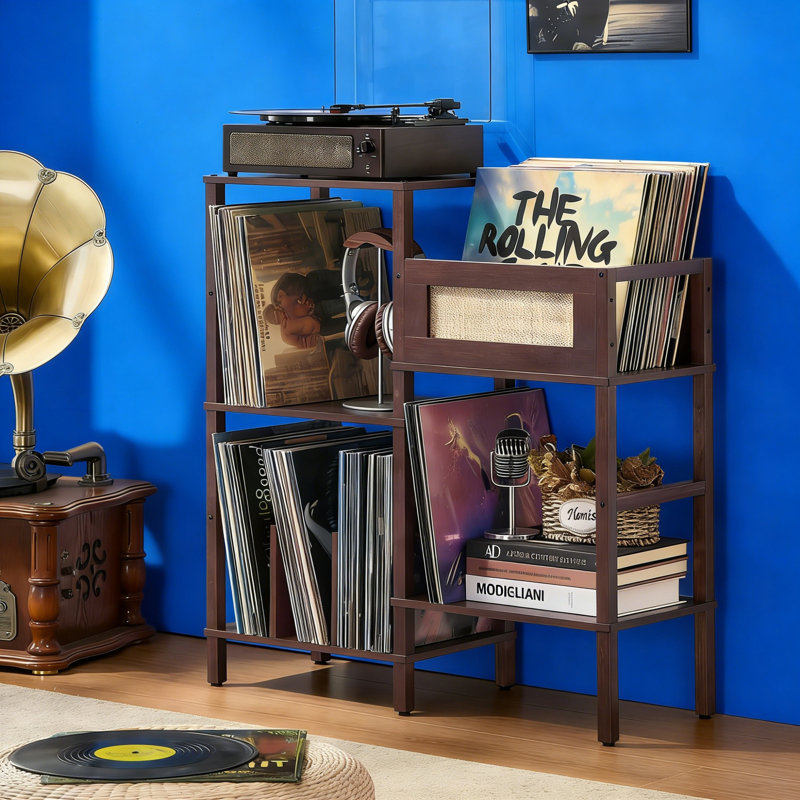 3-Tier Record Player Stand, Vintage Walnut Wood With Rattan, Vinyl Storage For 300+ Albums, For Living Room, Walnut