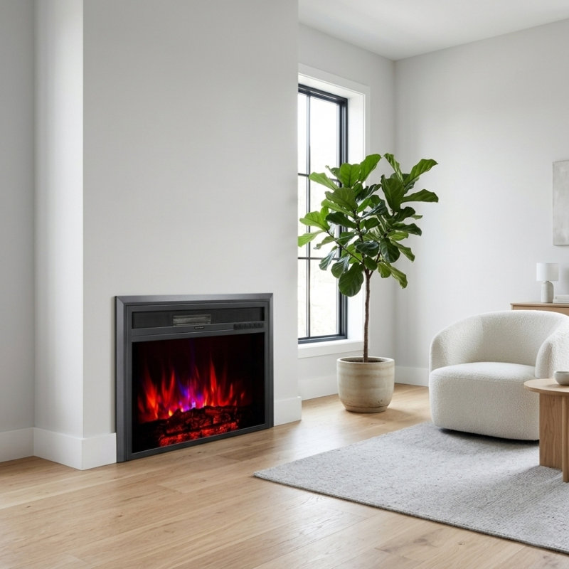 Chaufferette de foyer électrique noire Xbrand avec télécommande, effet de flamme à DEL et contrôle de la température de 28 pouces, évent frontal avec télécommande murale, foyer à bois encastré, foyer avec effet de flamme à DEL