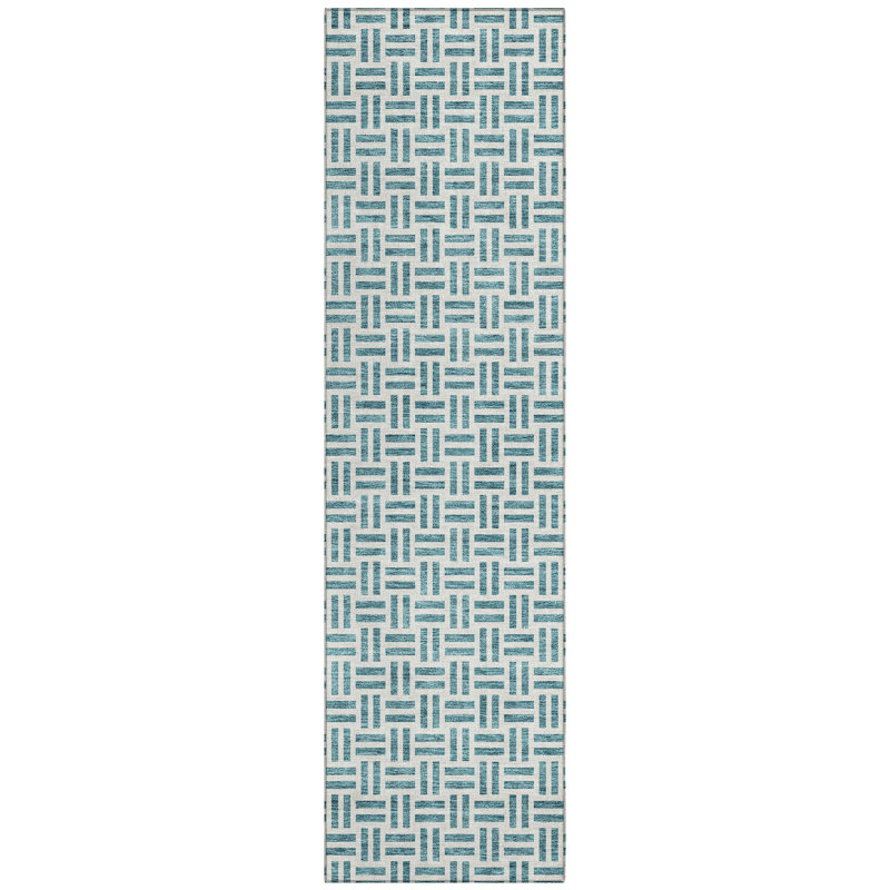 Teal Geometric Washable Synthetic Indoor/Outdoor Runner Rug