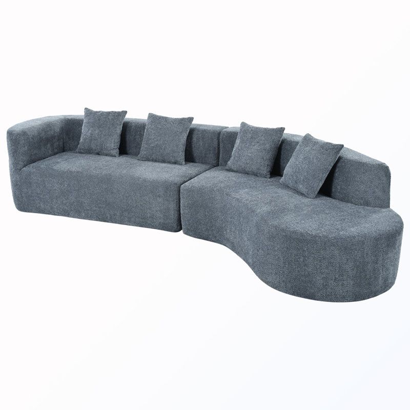 Canapé modulaire moderne avec motif courbé et coussins, Chenille bleu foncé