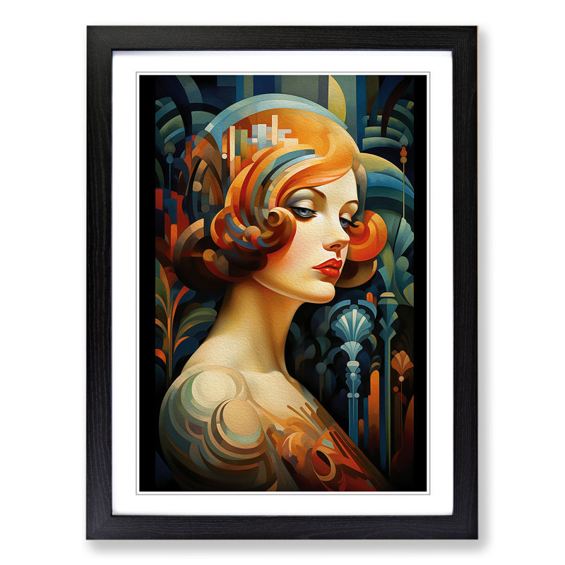 XYZ-FRM-V1223-1711 Woman with Curls Art Deco 1 Piece Single Picture Frame Wall Art, 64cm H x 46cm W x 2cm D, Black