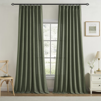 Pinch Pleated Light Filtering Linen Blended Curtains, Boho Back Tab Semi Sheer Drapes with Metal Rings and adjustable Hooks for Living Room Bedroom,2Panels