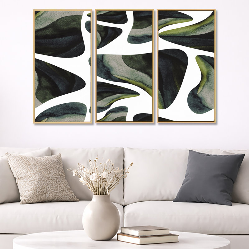 Abstrait éléments vert foncé III - ensemble d'art mural moderne sur toile encadrée 3, H 20 po x l 36 po, Érable