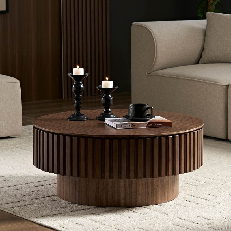 Table basse ronde en MDF avec rangement, Noyer