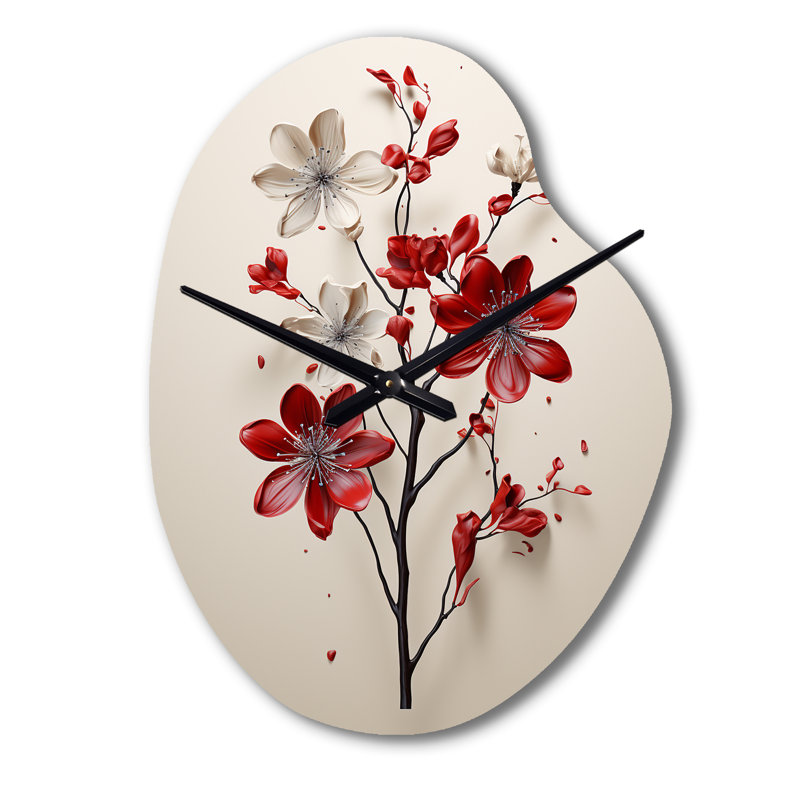 Red Beige Minimalisme Essence de fleur rouge - horloge murale de forme unique minimaliste en métal, impression d'horloge murale asymétrique moderne