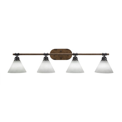 Barre d'éclairage de salle de bain 4 lumières Blacksmith en métal peint aspect bois et finition granite foncé avec verre mousseline blanc 7 po