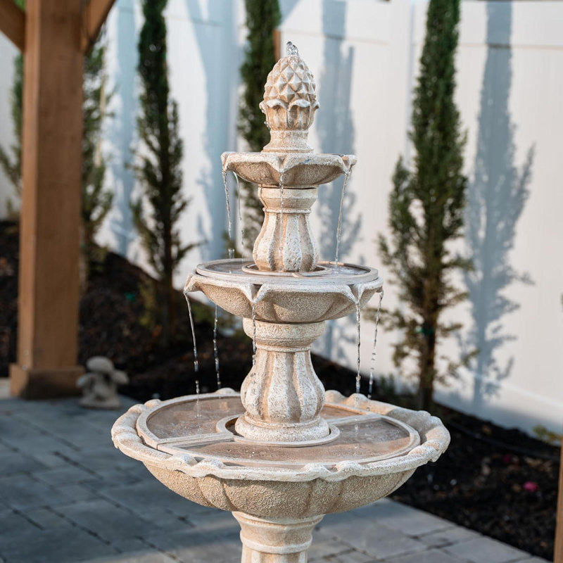 51 Inch 3 Tier Outdoor Waterfall Fountain, Weather Resistant Resin Freestanding Water Feature With Auto Shut Off Pump Beige