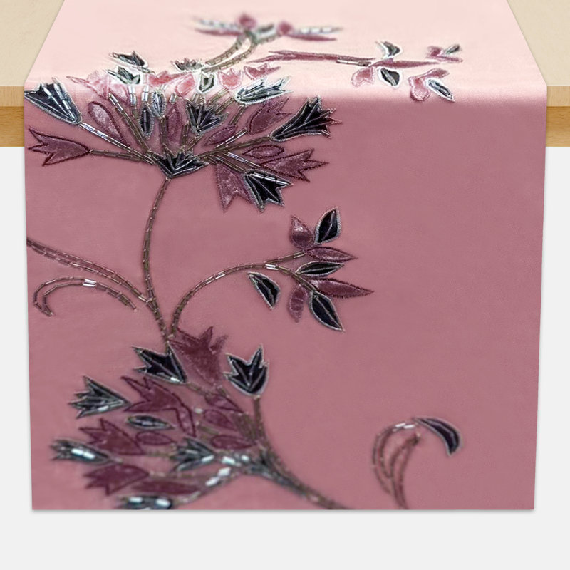 Pink Velvet Table Runner with Floral Embroidery for Dining Table, Bedroom & Wedding Decor Christmas Style