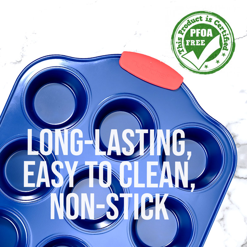 NutriChef Blue Nonstick 12-Cup Muffin Pan with Red Handles