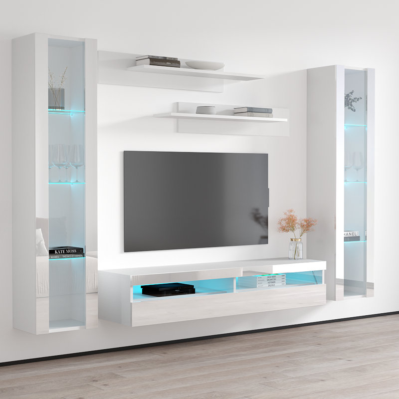 100" Modern Floating Wall Mounted Entertainment Center with 16-Color LED Lighting, High Gloss Finish, White