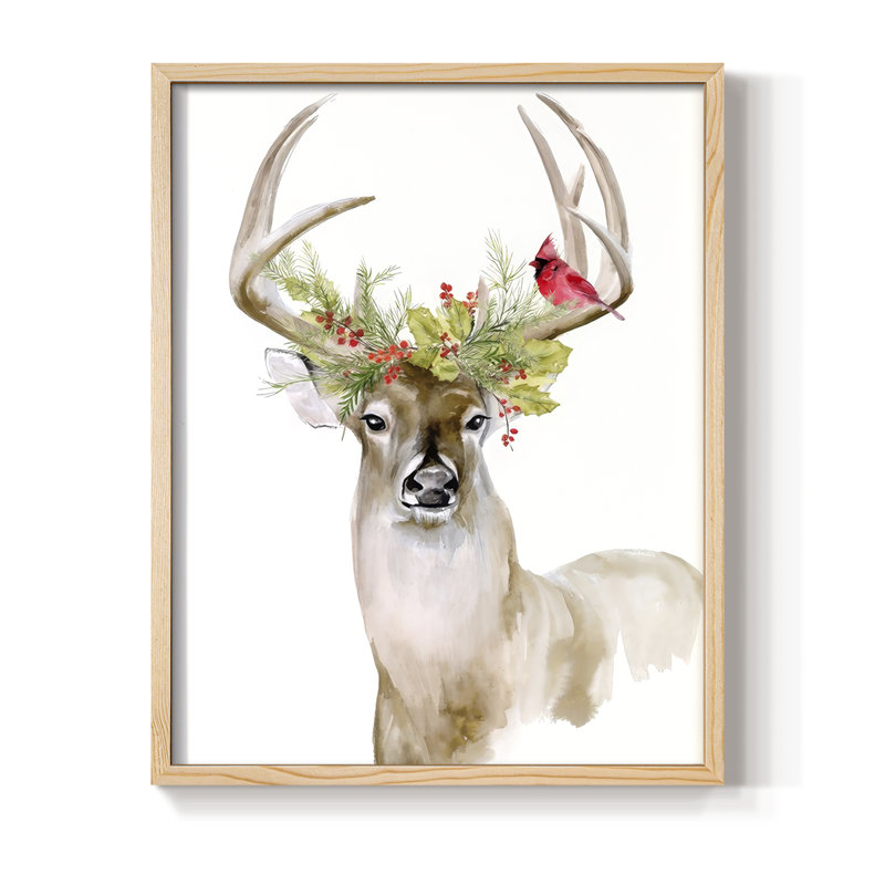 «Holiday Deer I», reproduction encadrée - bois massif, H 21 po x l 17 po, Naturel