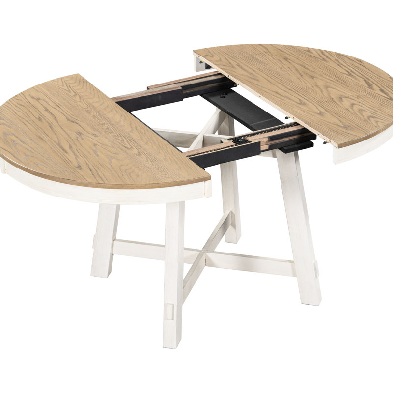 Table de salle à manger ajustable ronde - chêne naturel + blanc antique. Avec plateau en placage, structure en bois de peuplier. 42 po. 58 po de rallonge, 6 sièges. Base stable. Capacité de charge de 300 lb extensible en bois massif chic