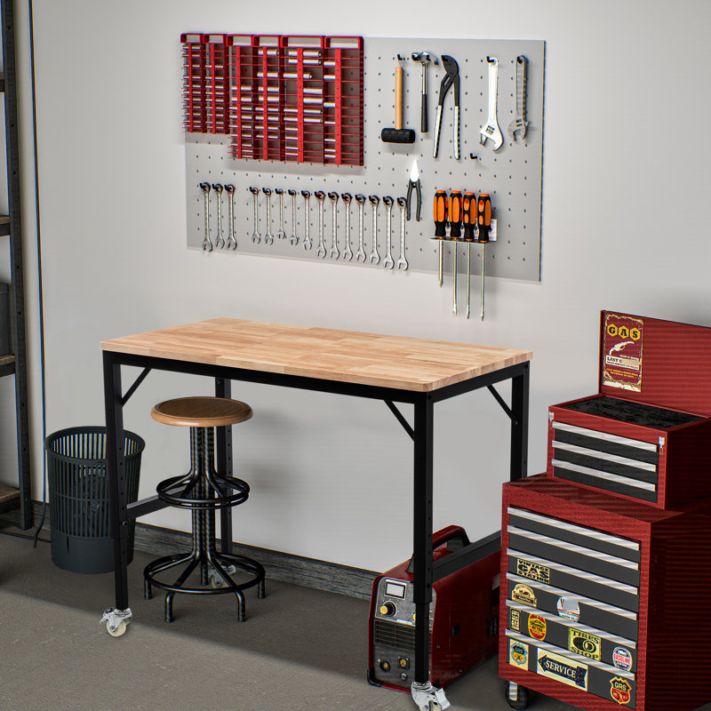 Établi robuste Garage 48 po, ajustable, fiable, bois d'hévéa, roues en métal, capacité de 2000 lb, établi ergonomique utile de 48 po, base, plateau de table en bois, référence