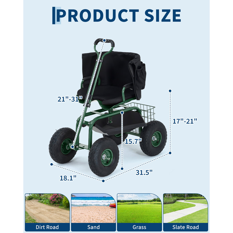 Siège de jardin roulant, tabouret de travail robuste, roues de 10 po, pivotant, réglable, avec plateau à outils, vert menthe