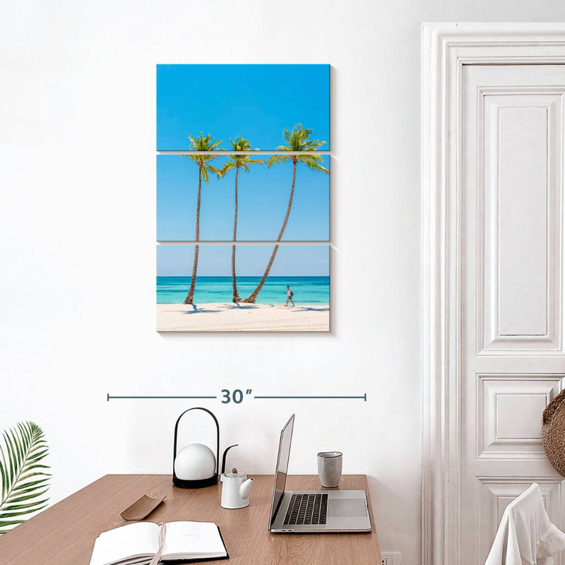 Trois palmiers de plage, H 32 po x l 20 po