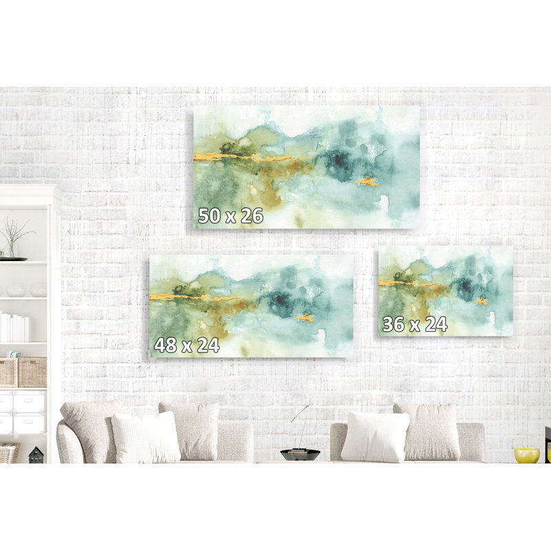 Aquarelles abstraites, bleu, vert, or, H 24 po x l 36 po x P 1,5 po