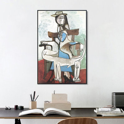 Reproduction d'art sur toile encadrée (1959) de Pablo Picasso, « Jacqueline au lévrier afghan Kaboul », cadre noir fin, 45,7 x 61 cm. Décoration murale idéale pour le salon, la maison ou le bureau.