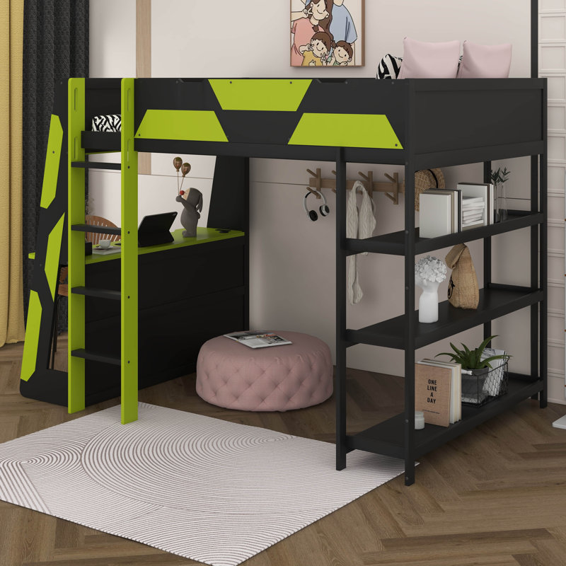 Full Size Gaming Loft Bed With Desk, Shelves & LED Lights, Black/Green