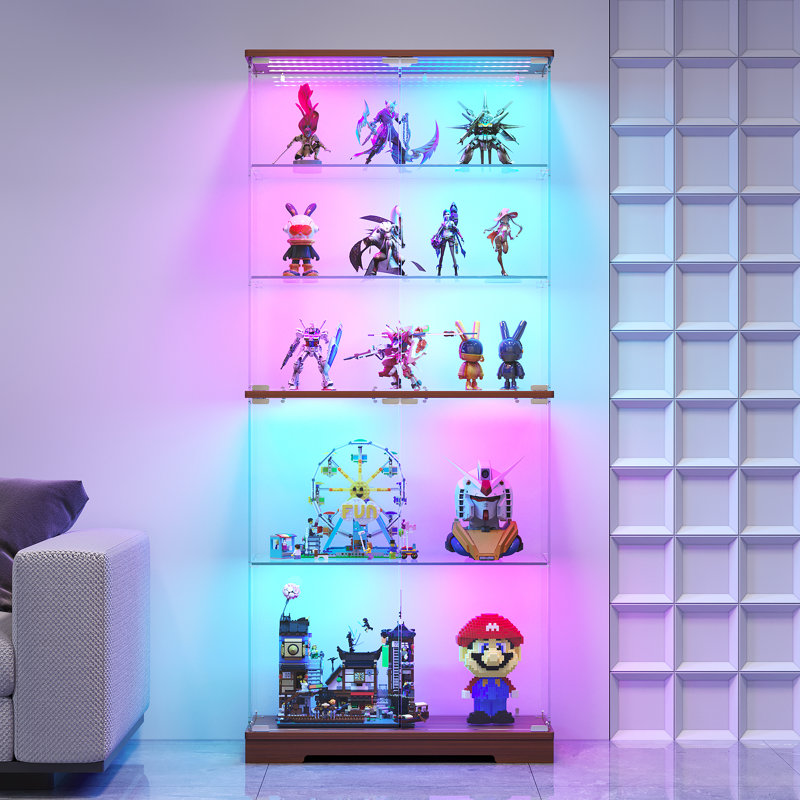 5-Tier Tempered Glass Display Cabinet with Motion Sensor RGB Lights, Browm