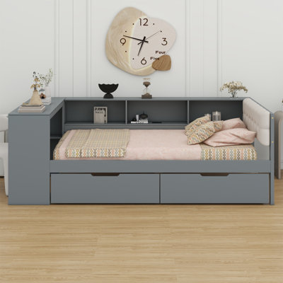 Platform Bed With Storage Shelves, Drawers, Charging Station And Upholstered Headboard by Lark Manor