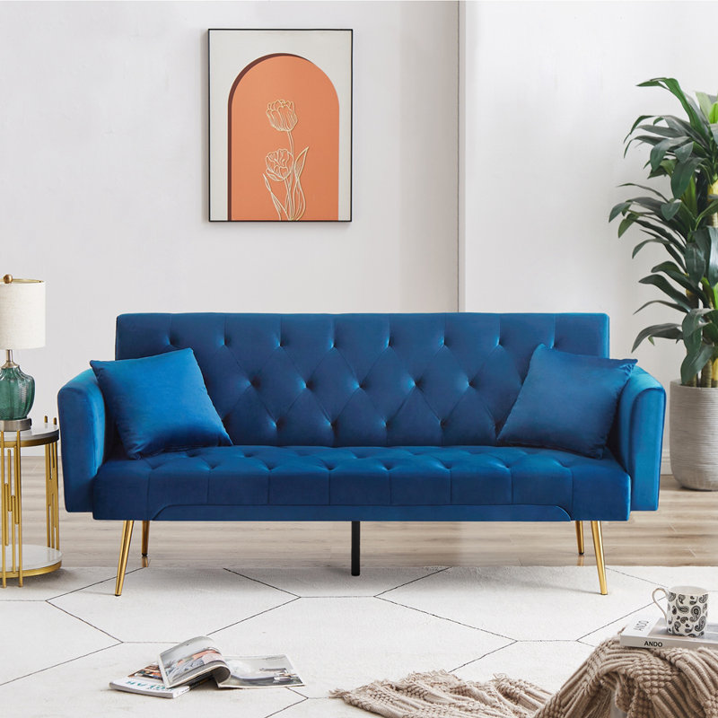 Ethyleen Twin 71.65'' Velvet Convertible Sofa, Blue Velvet