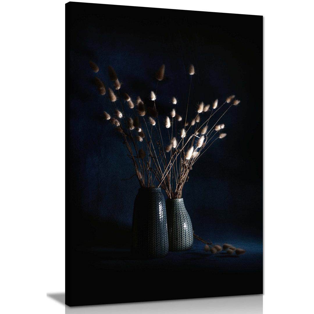 Brown Bunny Tail Grass In Blue Vase Artistic - Wrapped Canvas Art Prints