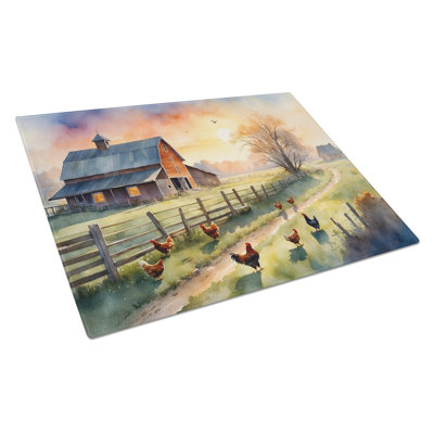 Chicken Farmyard Sunrise Glass Cutting Board