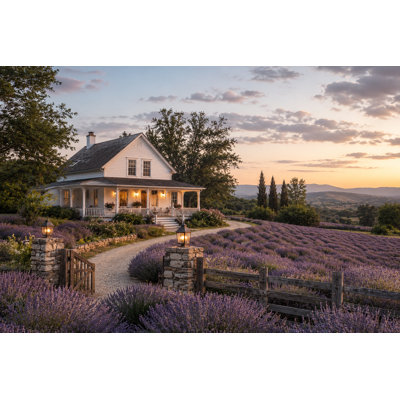 Lavender Homestead Evening - Countryside Cottage Landscape on Wrapped Canvas Wall Art