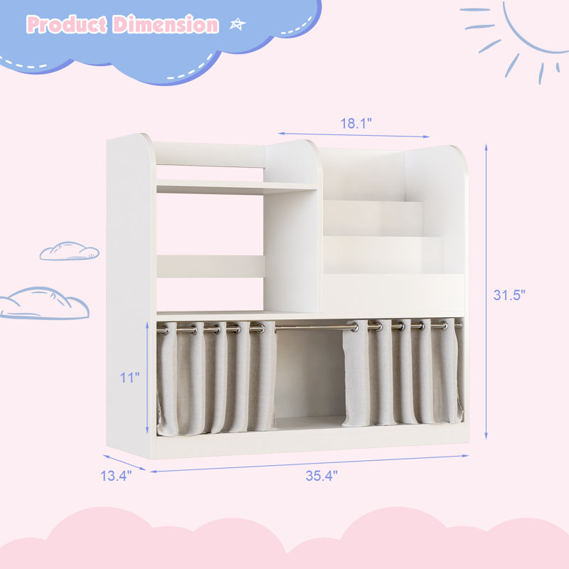 Montessori 3 Sling Bookshelf With Dust Proof Curtain and Floor Storage Cabinet Toy Chest, White