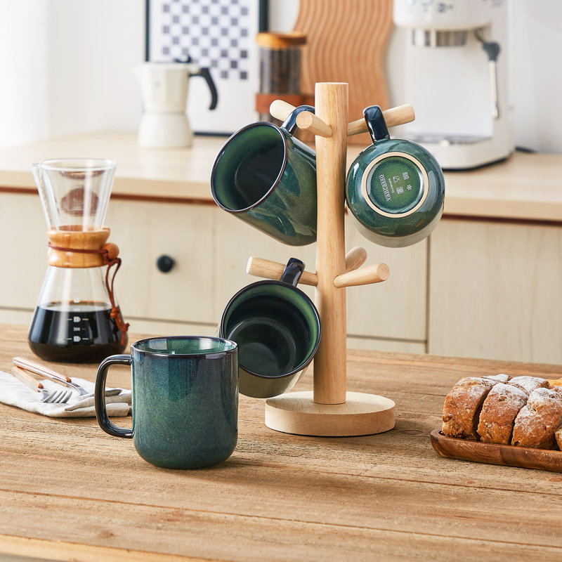 Ensemble de 4 tasses à ombre verte 16 oz avec rebord incurvé, grès artisanal avec rebord surélevé, 16, Vert