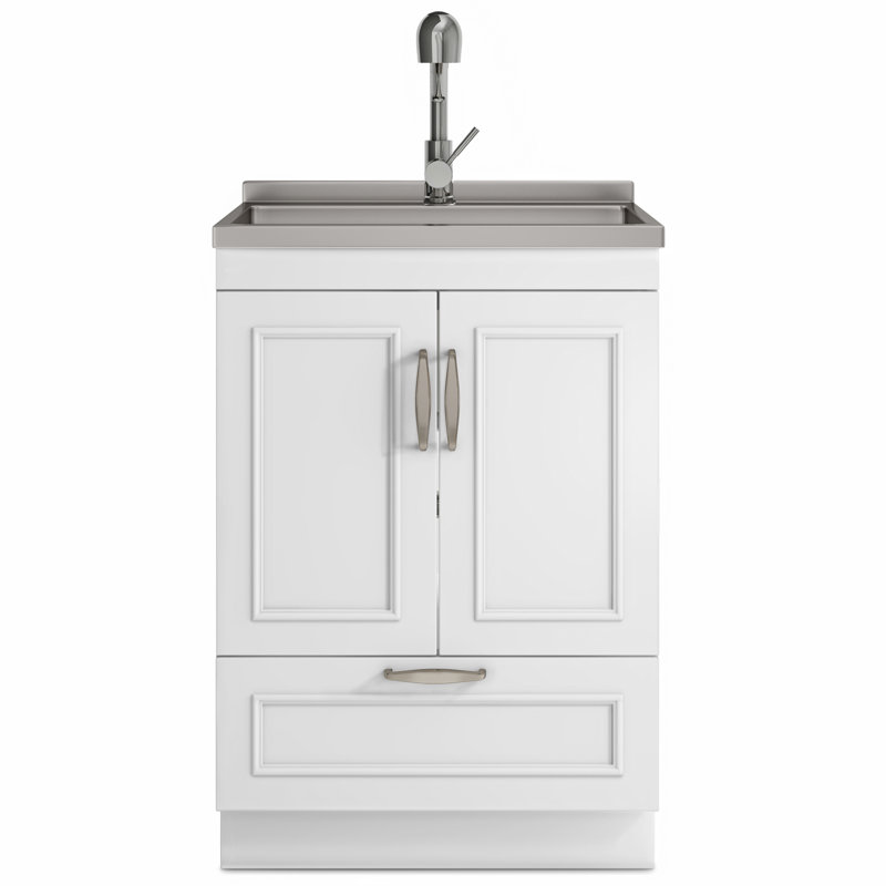 Cardinal 24"W Utility Sink & Laundry Cabinet with High Arch Pull-Out Faucet and Stainless Steel Sink, White