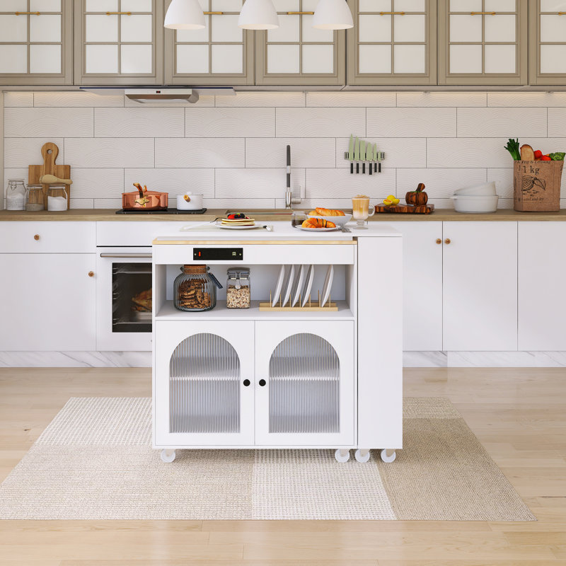 Chariot de cuisine pour îlot de cuisine en bois d'hévéa de 56,3 po avec prises de courant et lumières DEL, Blanc