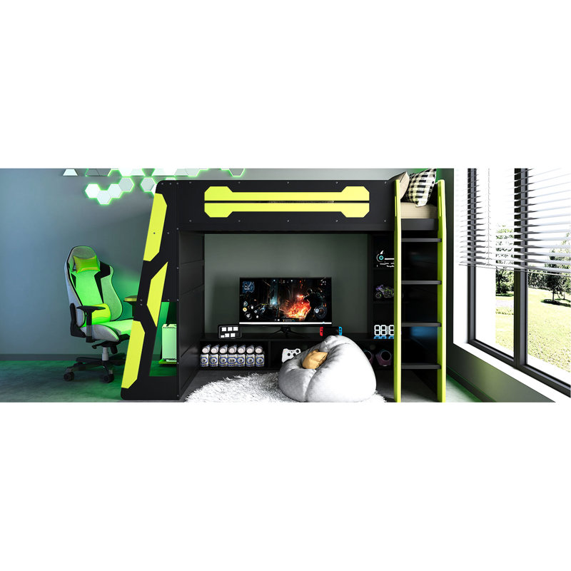 Lit mezzanine simple avec bureau, tablettes et multi-rangements intégrés, pour le travail, la zone de rangement sous la console, la console de jeu, le passage en douceur entre