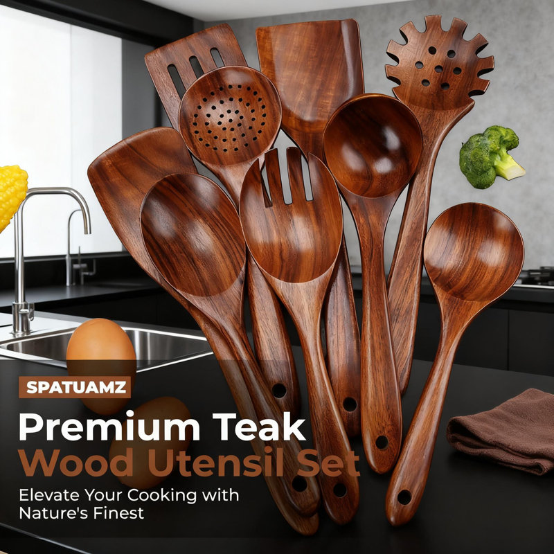 Ensemble de 9 cuillères en bois de teck, ustensiles de cuisine antiadhésifs, spatule en bois naturel et collection de cuillères pour cuisiner, remuer, servir